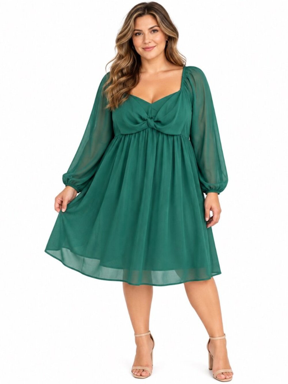 Pinup Fashion Women’s 18W Green Emerald Babydoll Dress Long Sleeve Tie Front